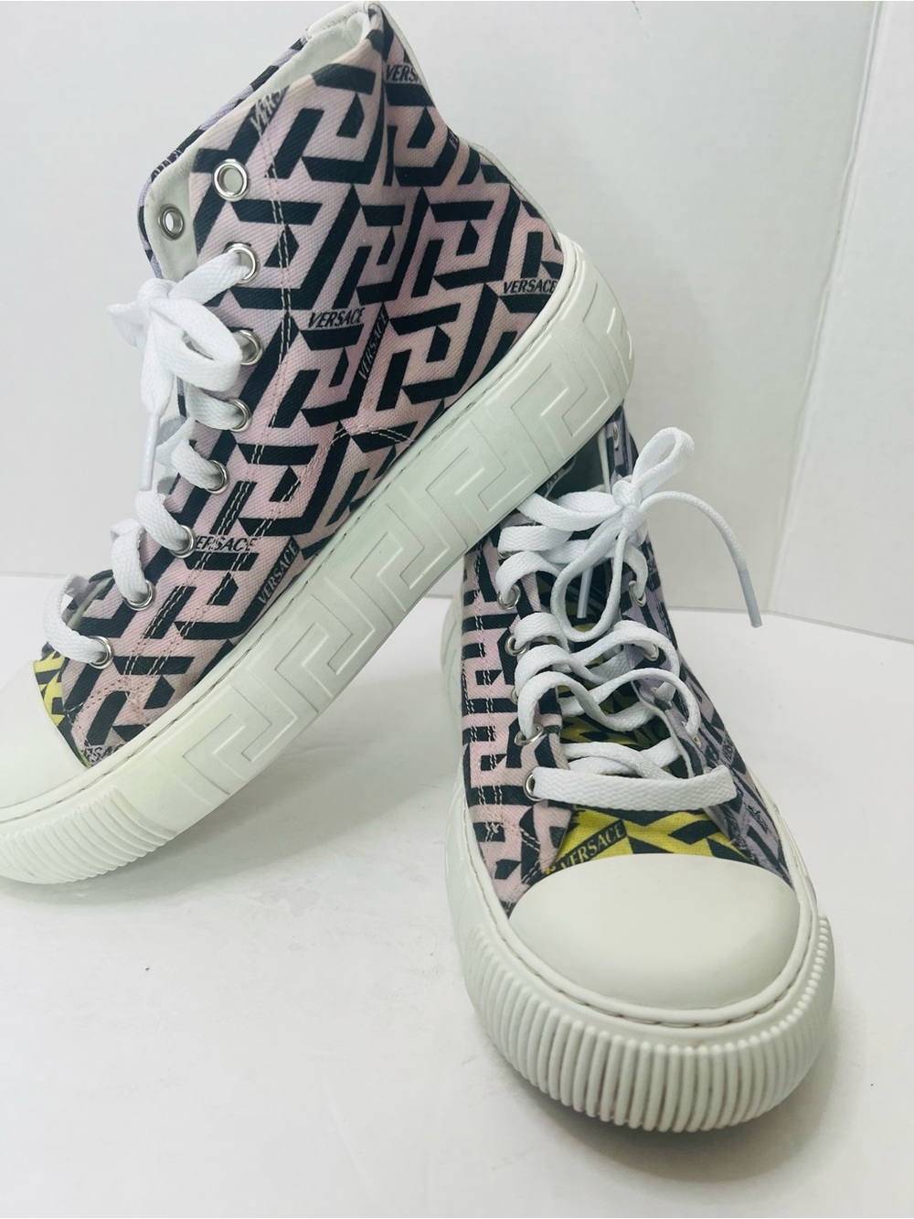 Women's Versace Greca Coated Canvas High-Top Sneaker Size 7/37 Orchid Black
